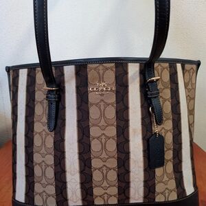 Coach Signature Stripe Brown and Tan Tote